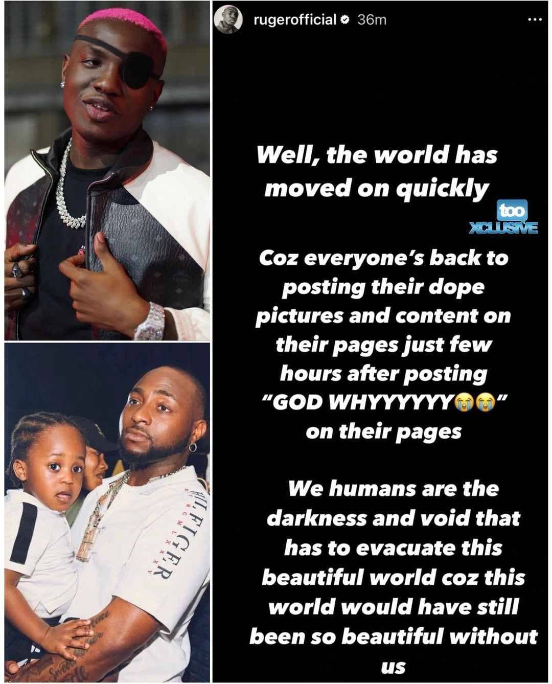 Why are u posting photos and memes of Davido’s late son Ifeanyi, Ruger slams Netizens ​